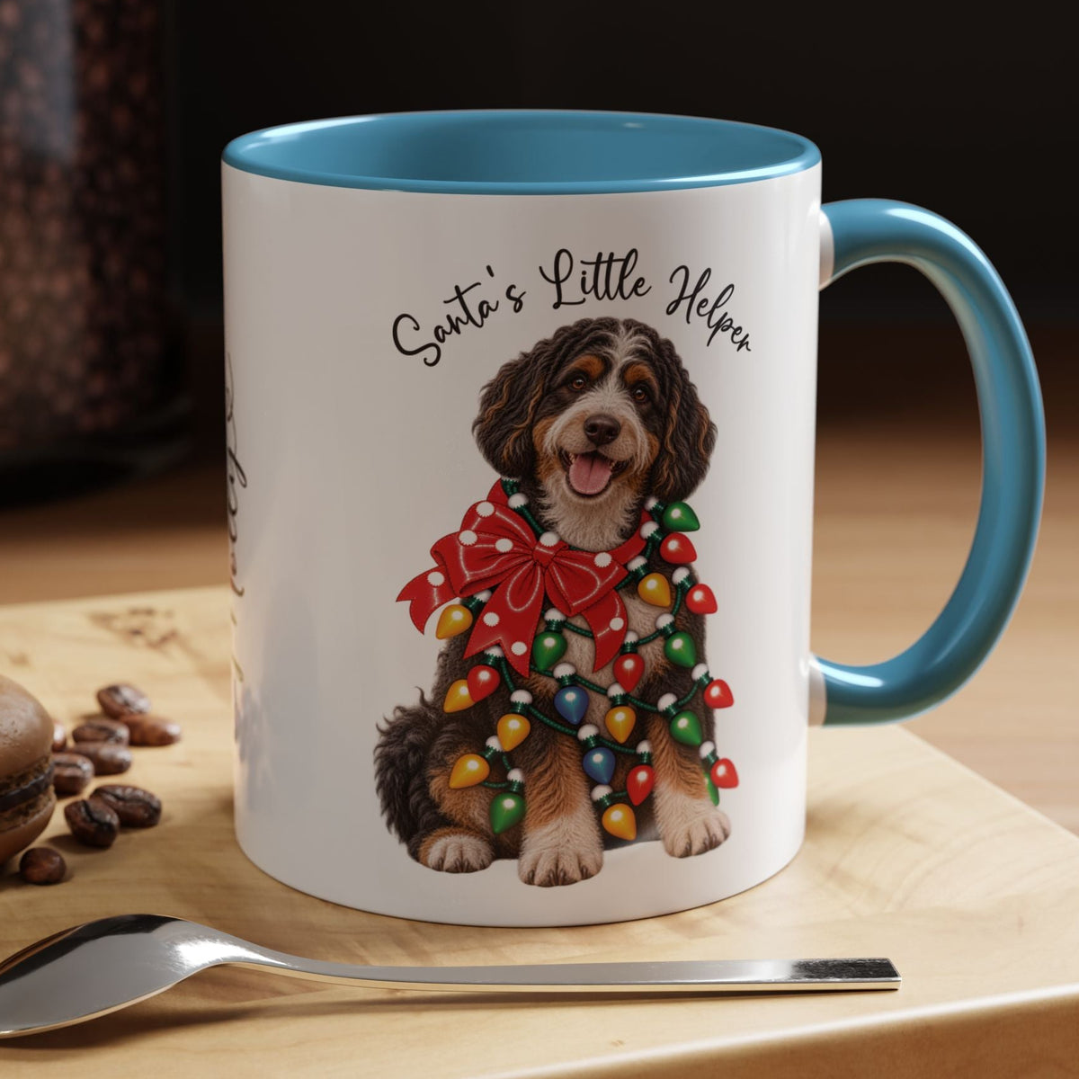 Bernadoodle Santa's little helper, personalised accent colour 11oz mug