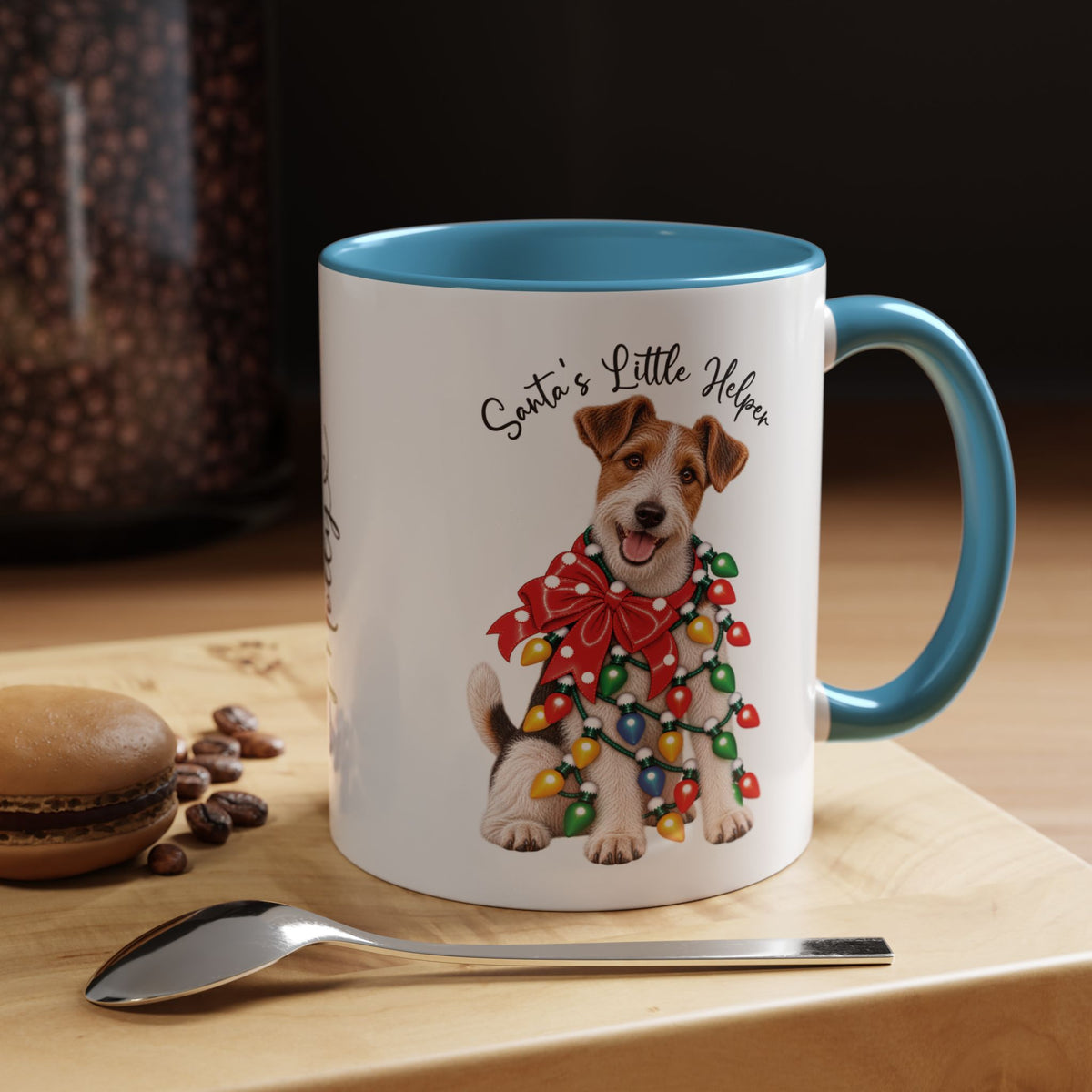 Fox Terrier, Santa's little helper, personalised accent colour 11oz mug