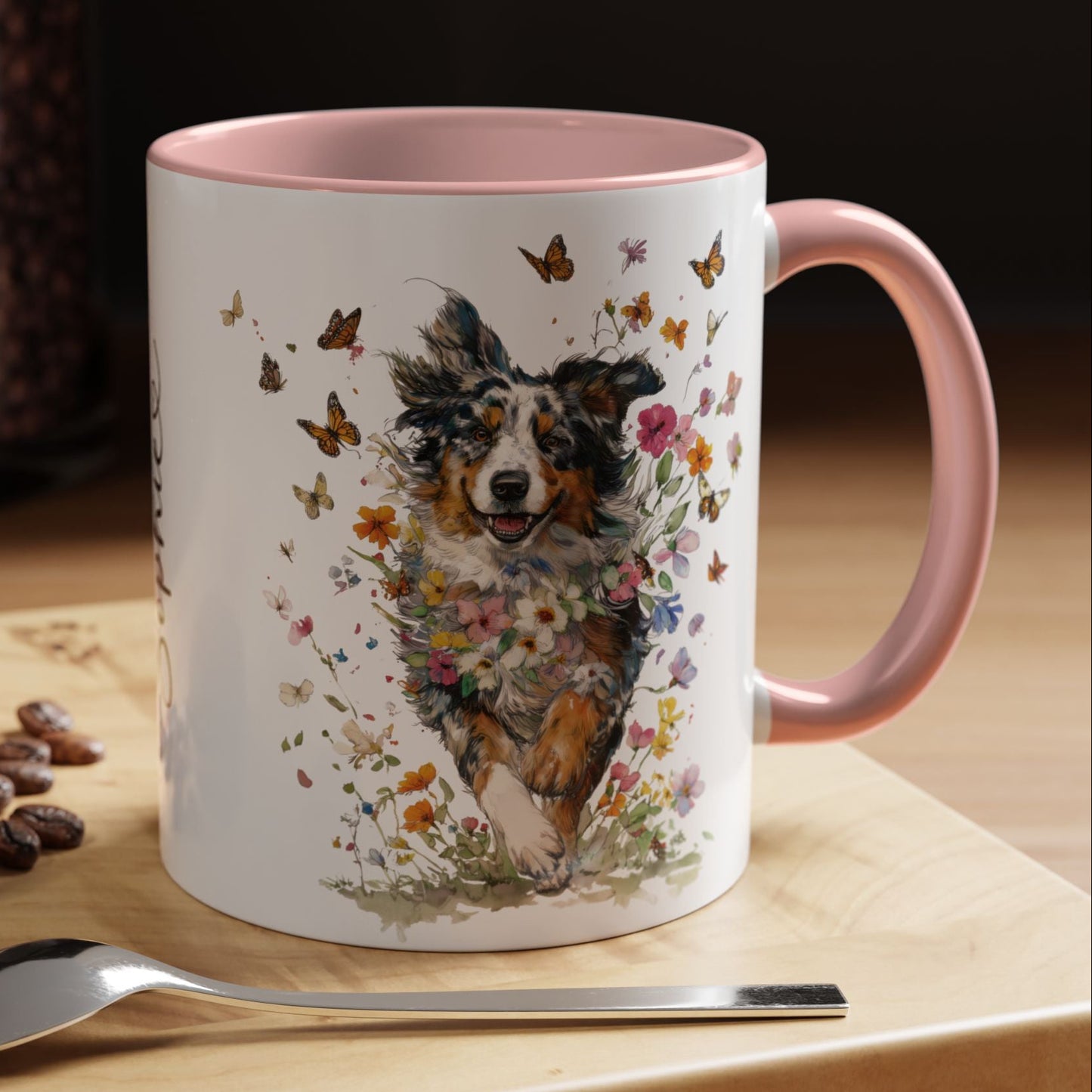 Australian Shepherd running Personalized Accent Mugs, 11oz