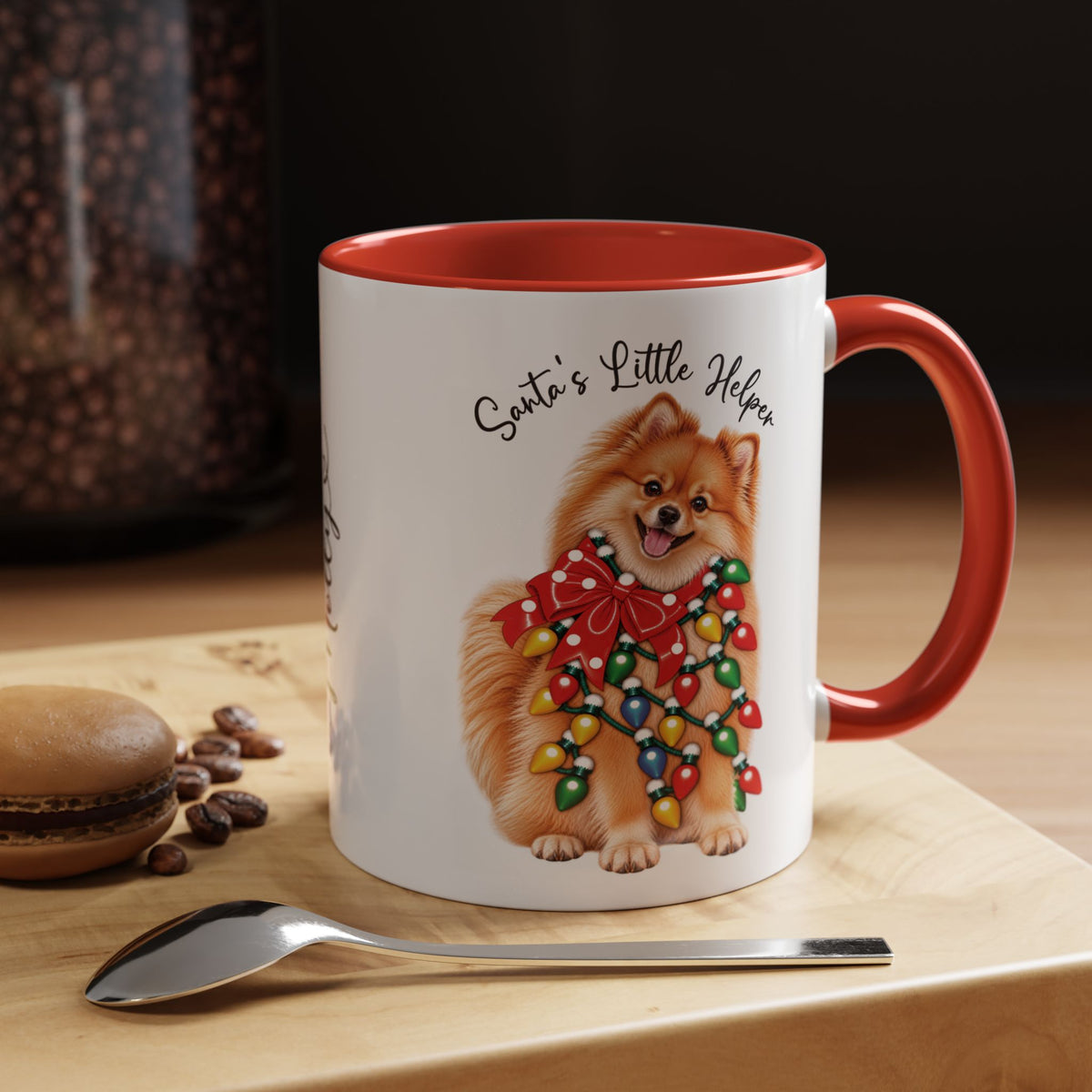 Pomeranian, Santa's little helper, personalised accent colour 11oz mug