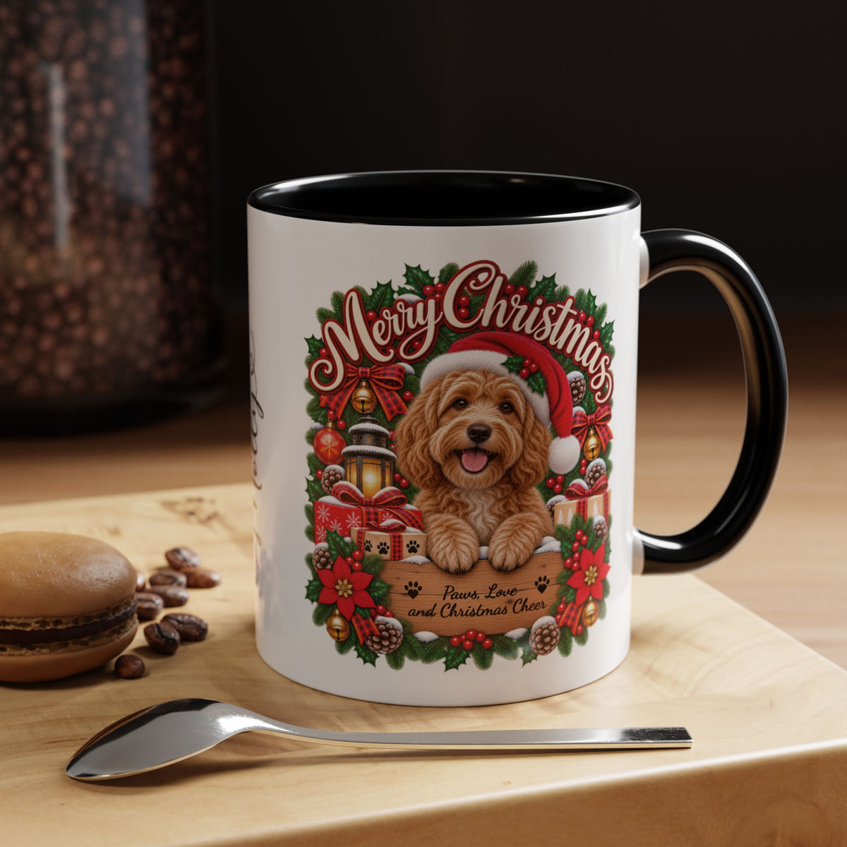 Golden Doodle Merry Christmas, personalised accent colour 11oz mug