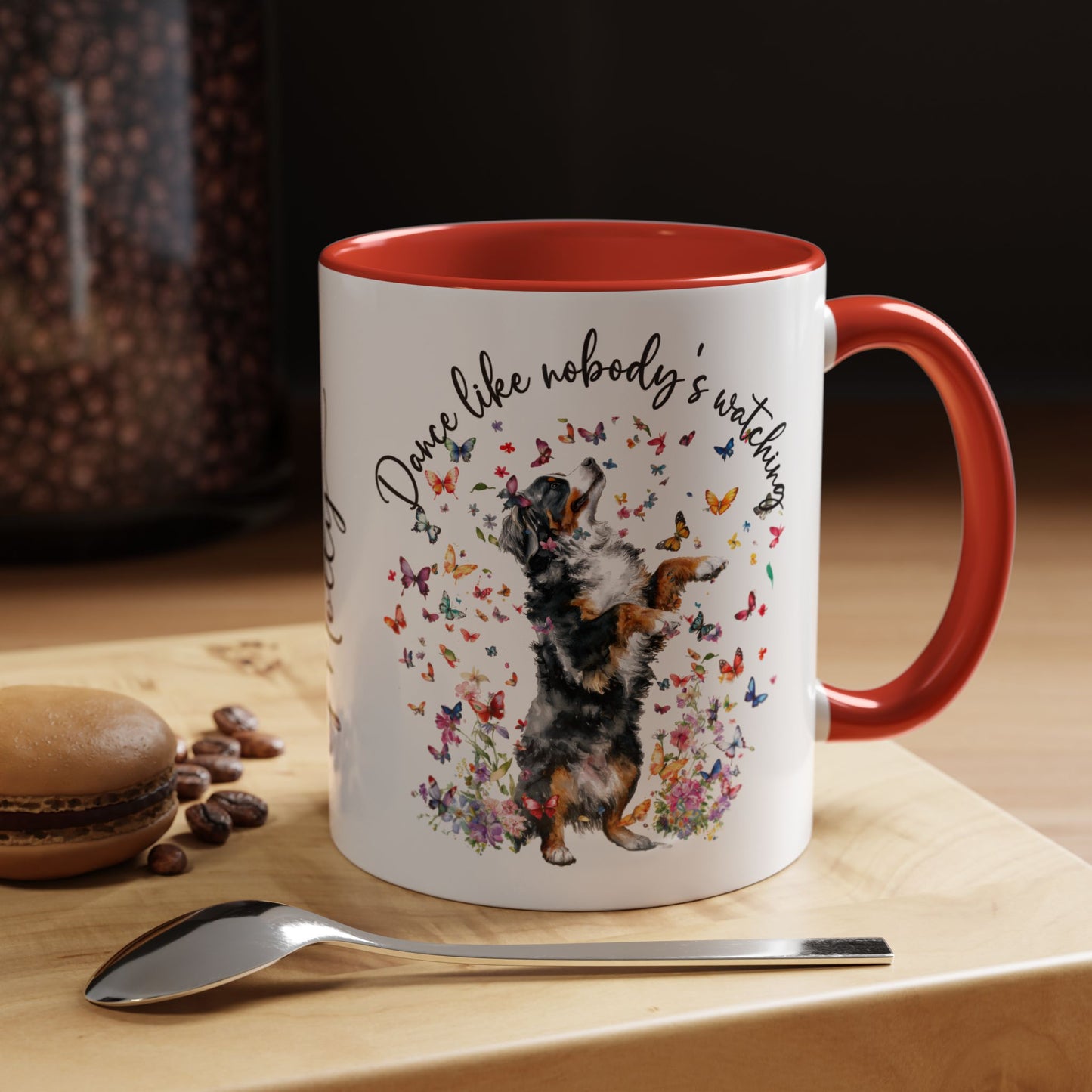 Bernese Mountain Dog "Dance like nobody's watching" personalized colourful Mugs, 11oz