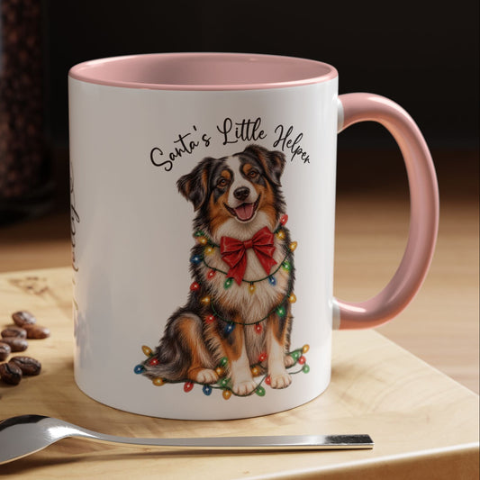 Australian Shepherd, Santa's little helper, personalised accent colour 11oz mug