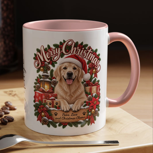 Cream Golden Retriever Merry Christmas, personalised accent colour 11oz mug