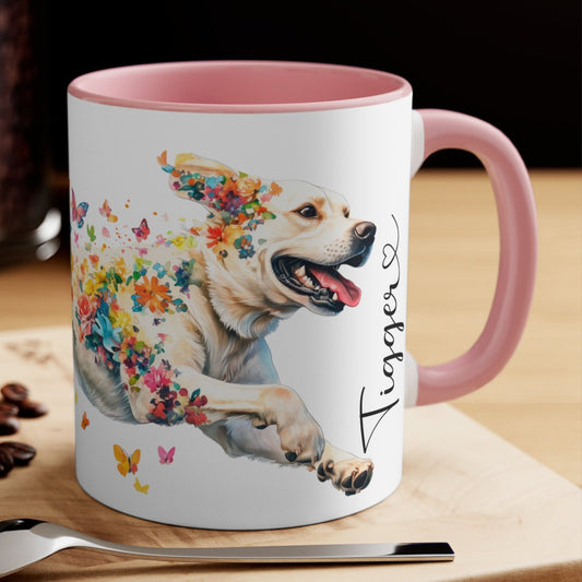 White Labrador running personalized colourful Mugs, 11oz