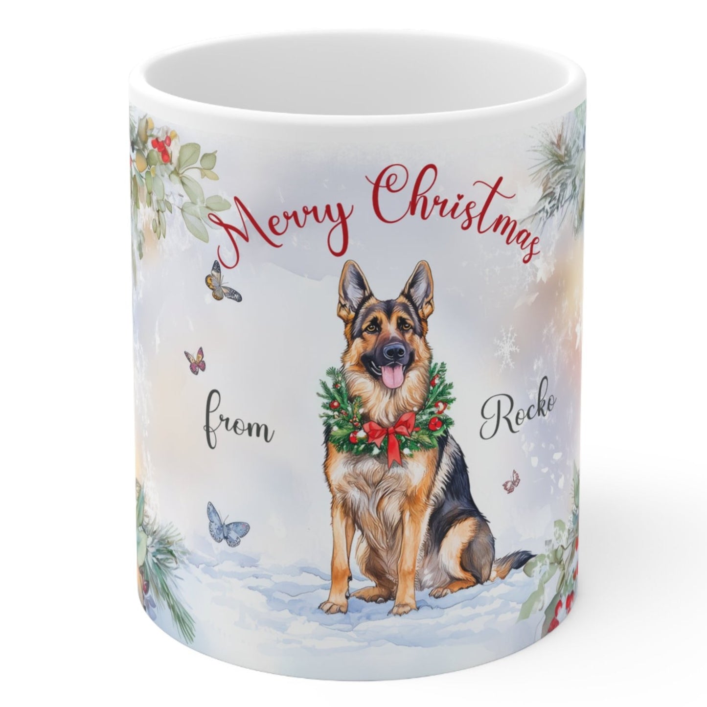 German Shepherd Merry Christmas Personalized White Mugs, 11oz