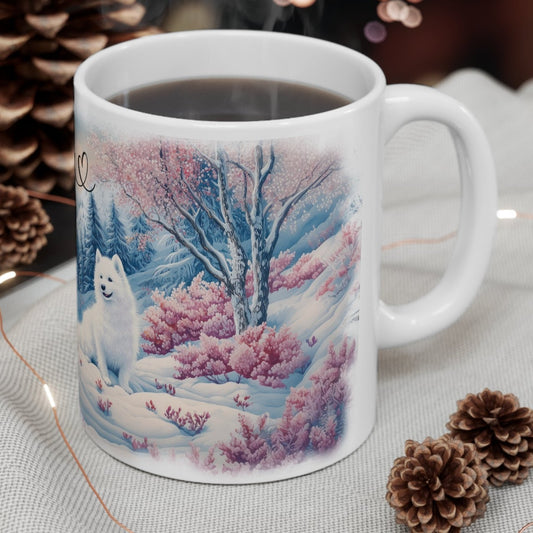 Samoyed Snow Scene Personalized White Mugs, 11oz