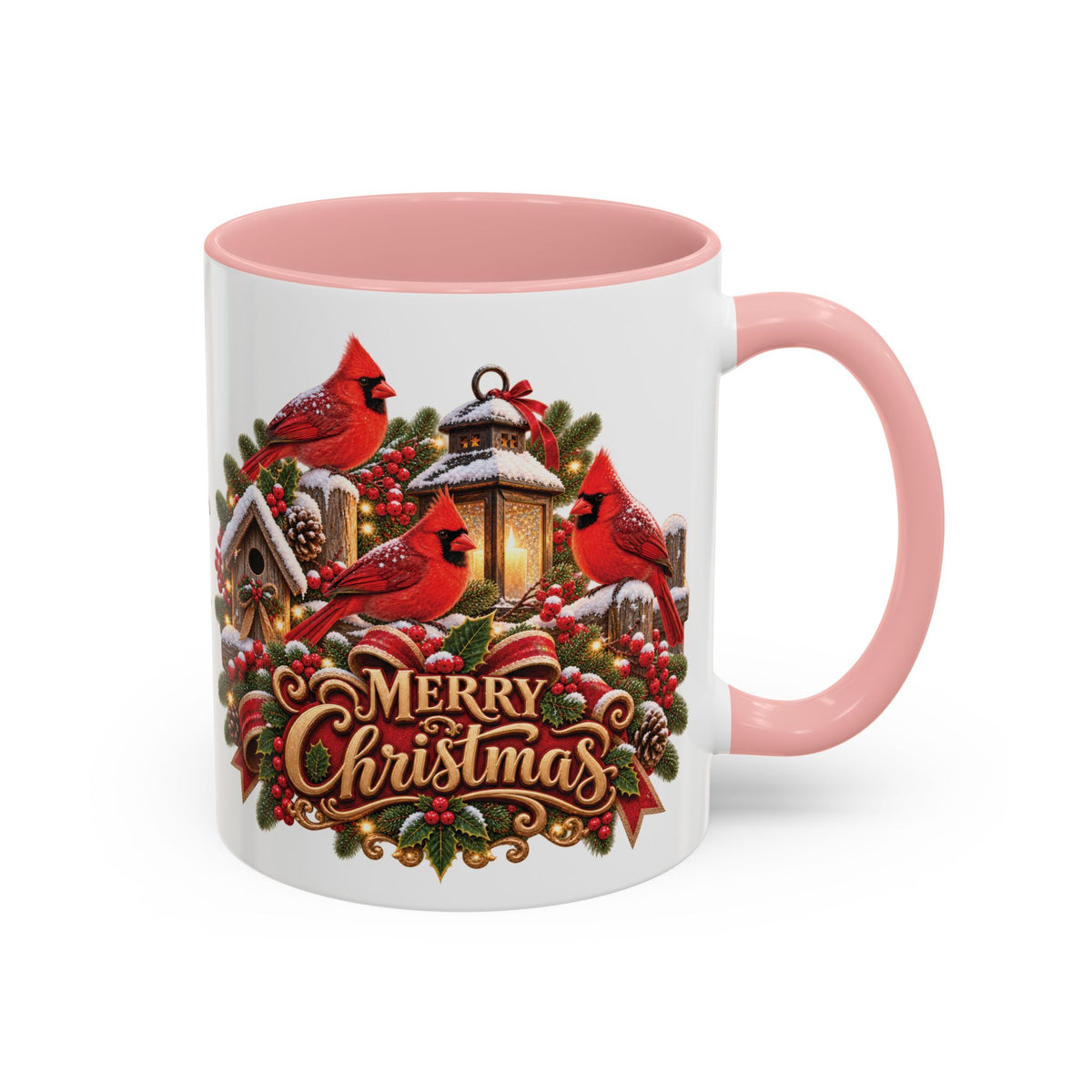 Cardinal Birds Merry Christmas, personalised accent colour 11oz mug