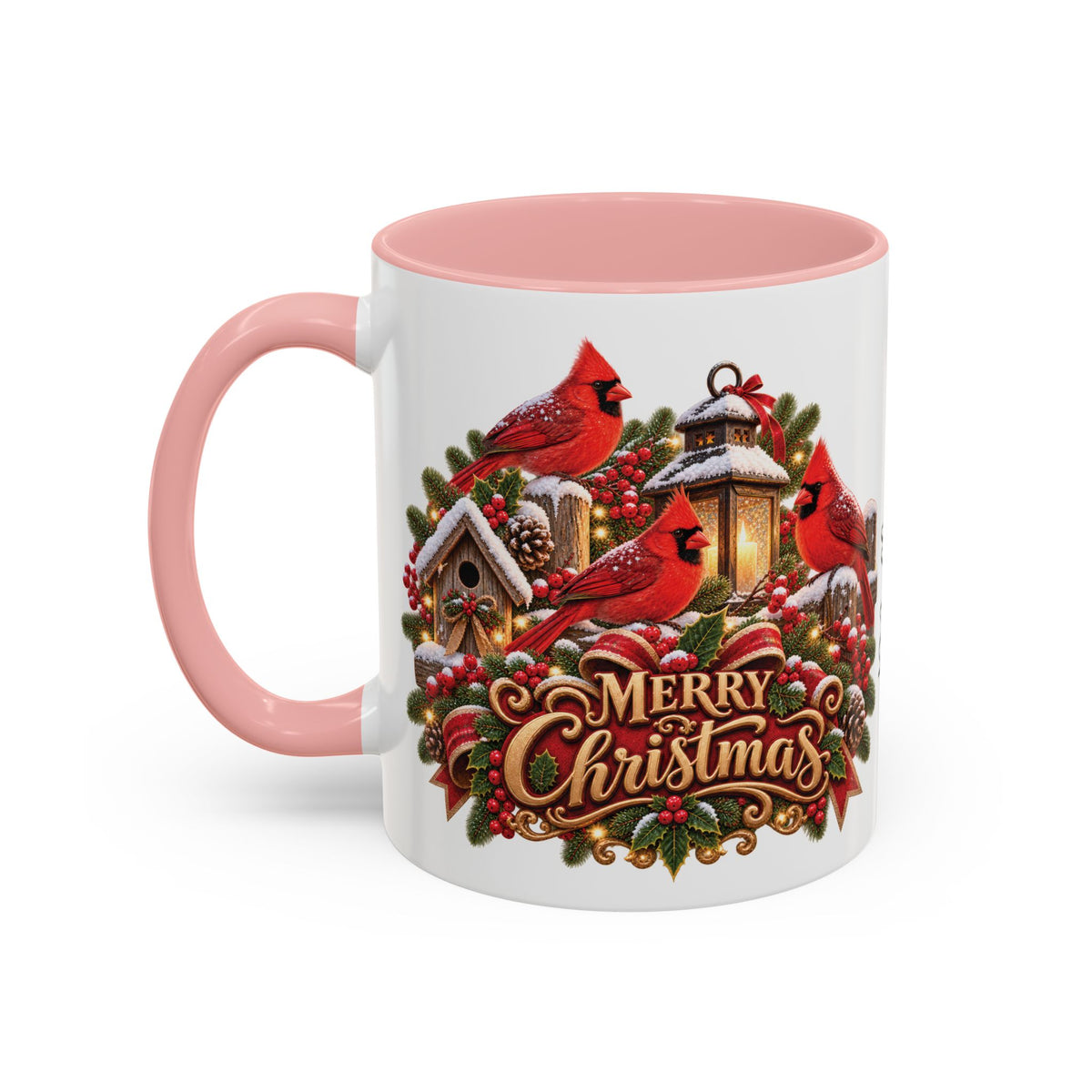 Cardinal Birds Merry Christmas, personalised accent colour 11oz mug