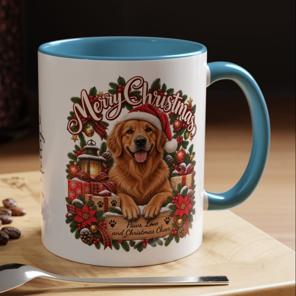 Golden Retriever Merry Christmas, personalised accent colour 11oz mug
