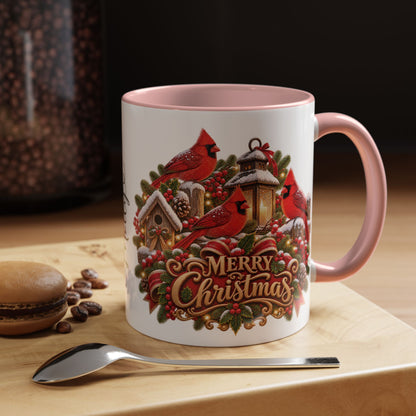 Cardinal Birds Merry Christmas, personalised accent colour 11oz mug