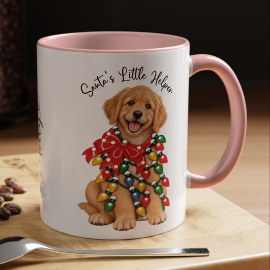 Golden Retriever, Santa's little helper, personalised accent colour 11oz mug
