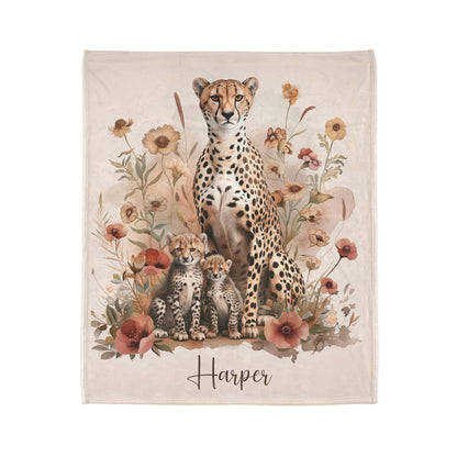 Cheetah with Cubs Personalised Soft Polyester Blanket