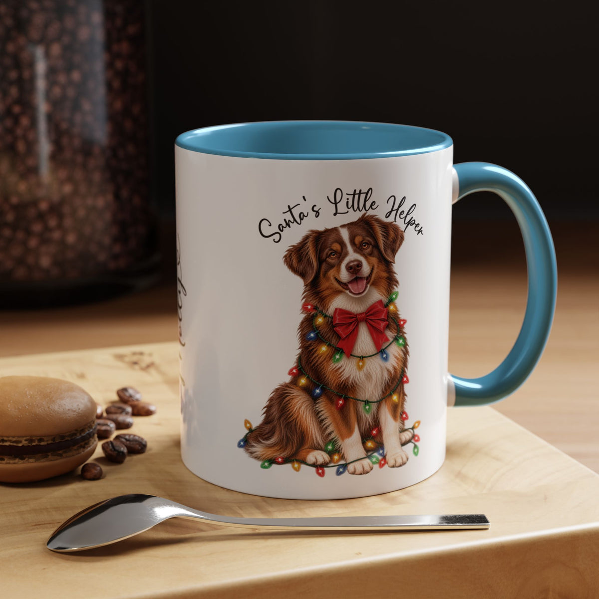 Australian Shepherd, Santa's little helper, personalised accent colour 11oz mug