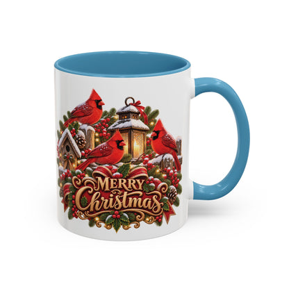 Cardinal Birds Merry Christmas, personalised accent colour 11oz mug
