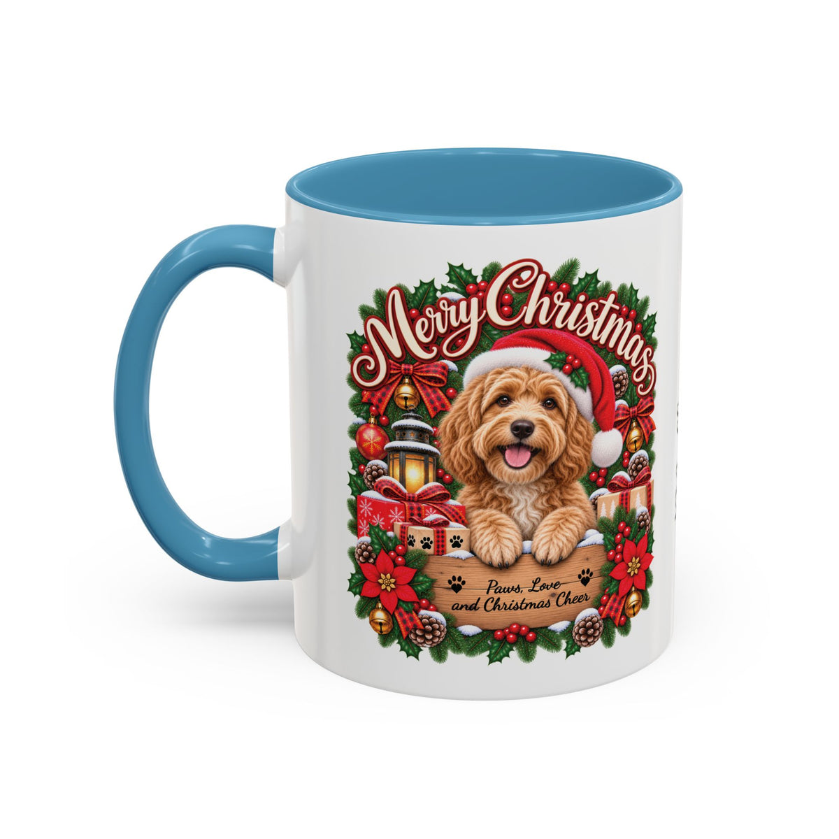 Golden Doodle Merry Christmas, personalised accent colour 11oz mug