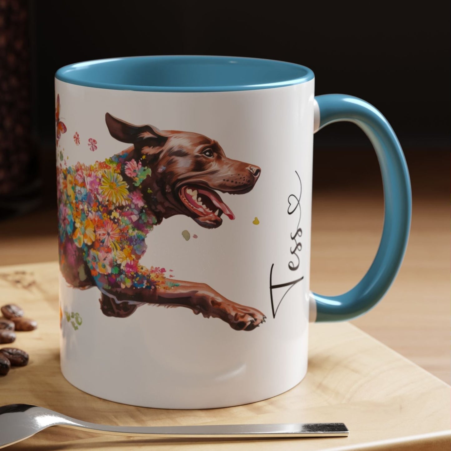 Chocolate Labrador running personalized colourful Mugs, 11oz