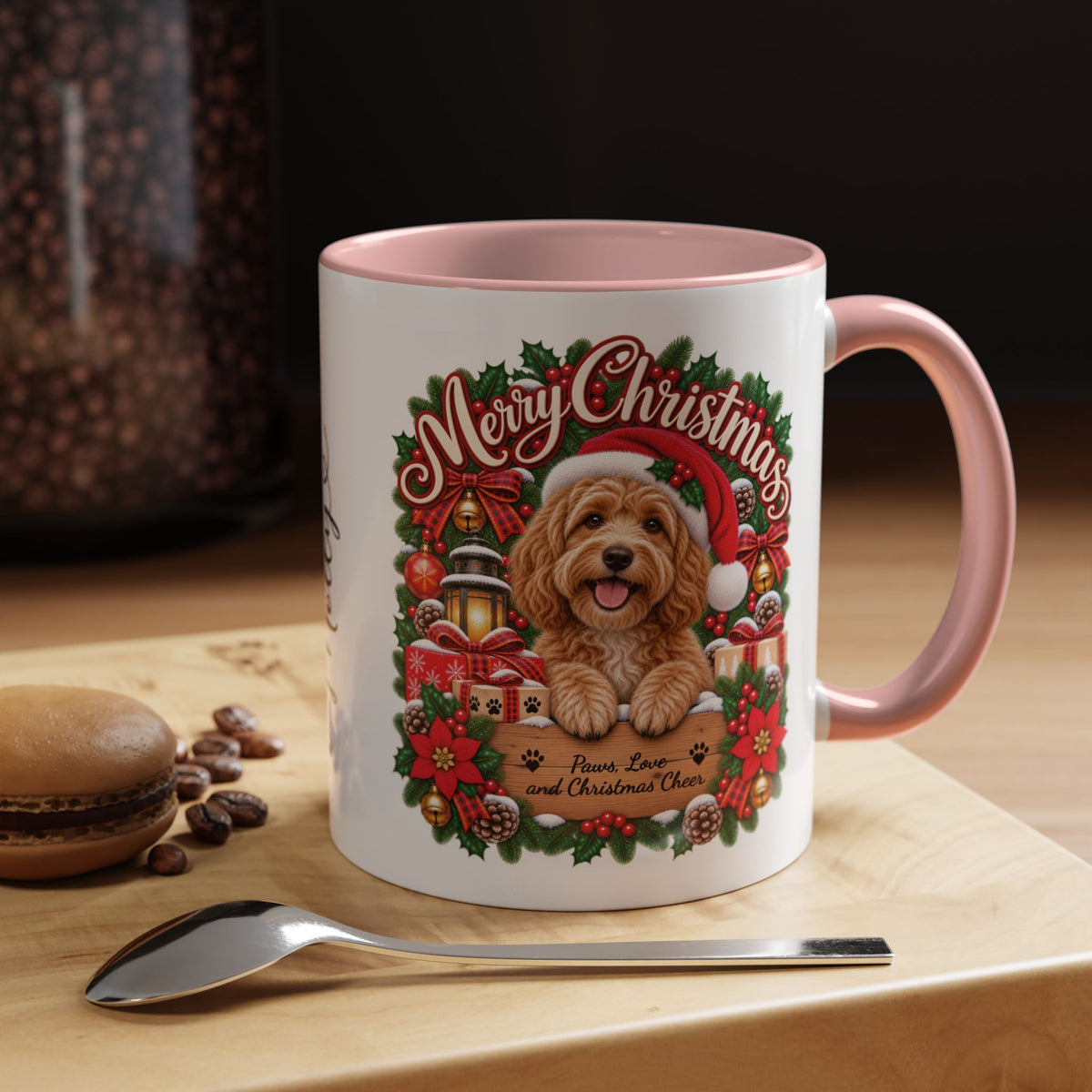 Golden Doodle Merry Christmas, personalised accent colour 11oz mug