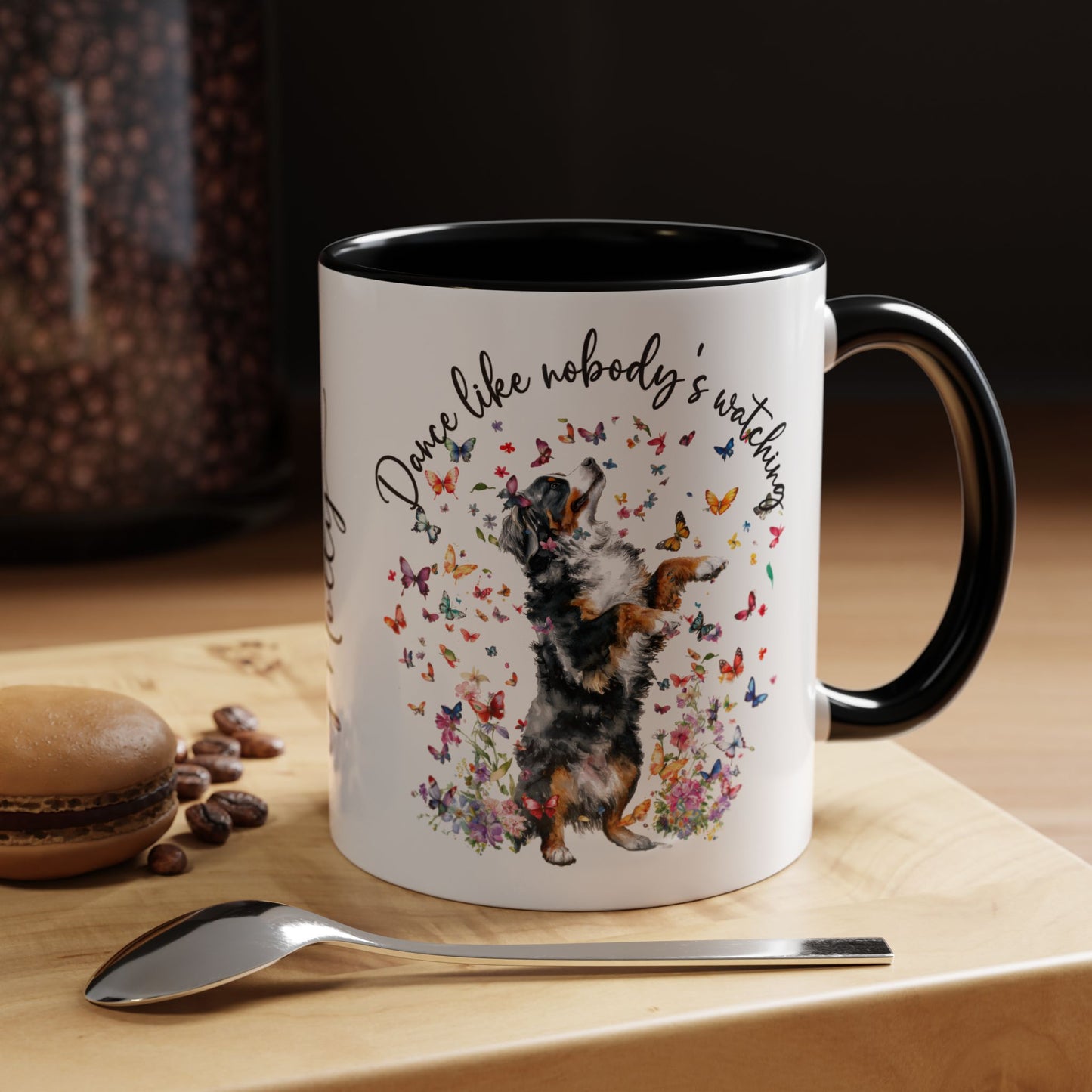 Bernese Mountain Dog "Dance like nobody's watching" personalized colourful Mugs, 11oz