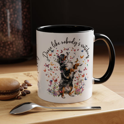Bernese Mountain Dog "Dance like nobody's watching" personalized colourful Mugs, 11oz