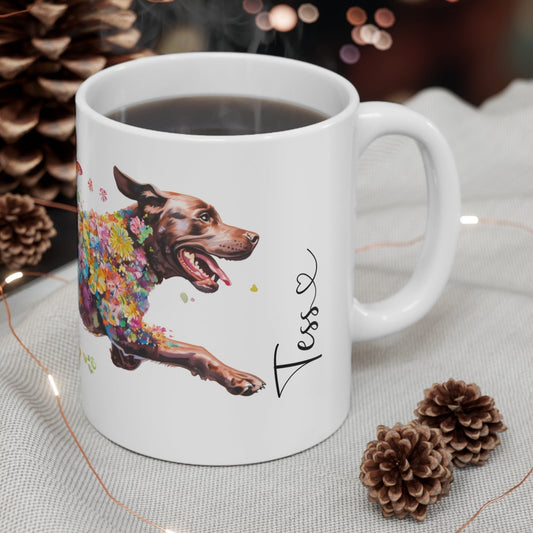 Chocolate Labrador running personalized white Mug, 11oz