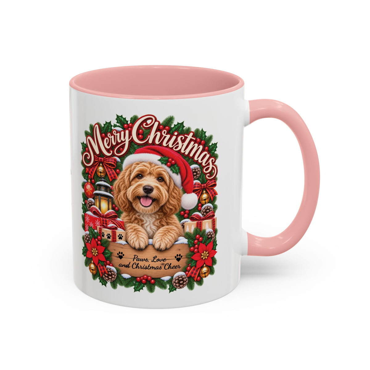 Golden Doodle Merry Christmas, personalised accent colour 11oz mug