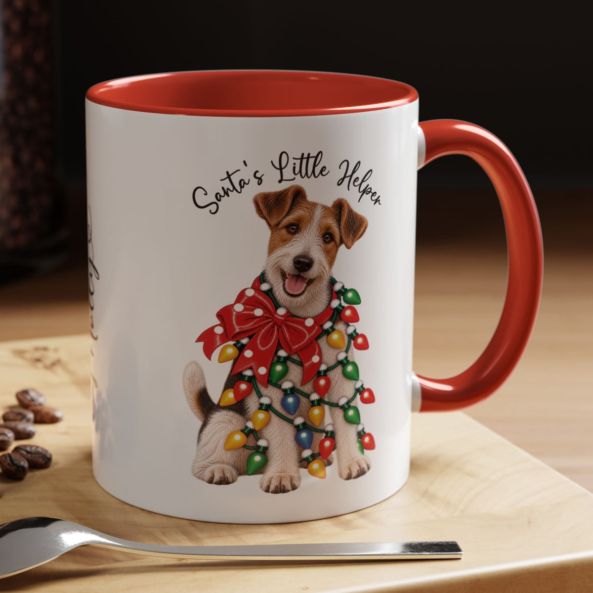 Fox Terrier, Santa's little helper, personalised accent colour 11oz mug