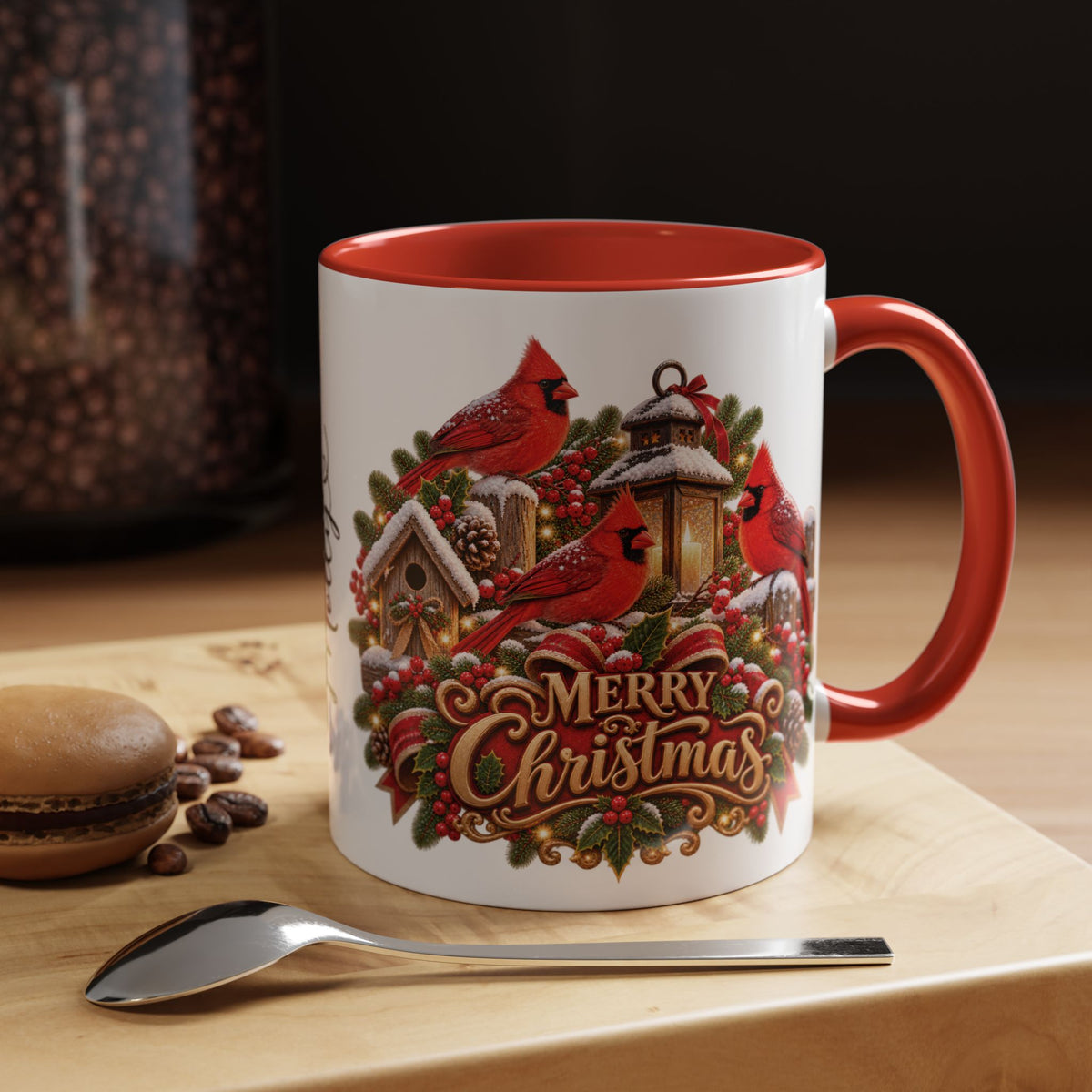 Cardinal Birds Merry Christmas, personalised accent colour 11oz mug