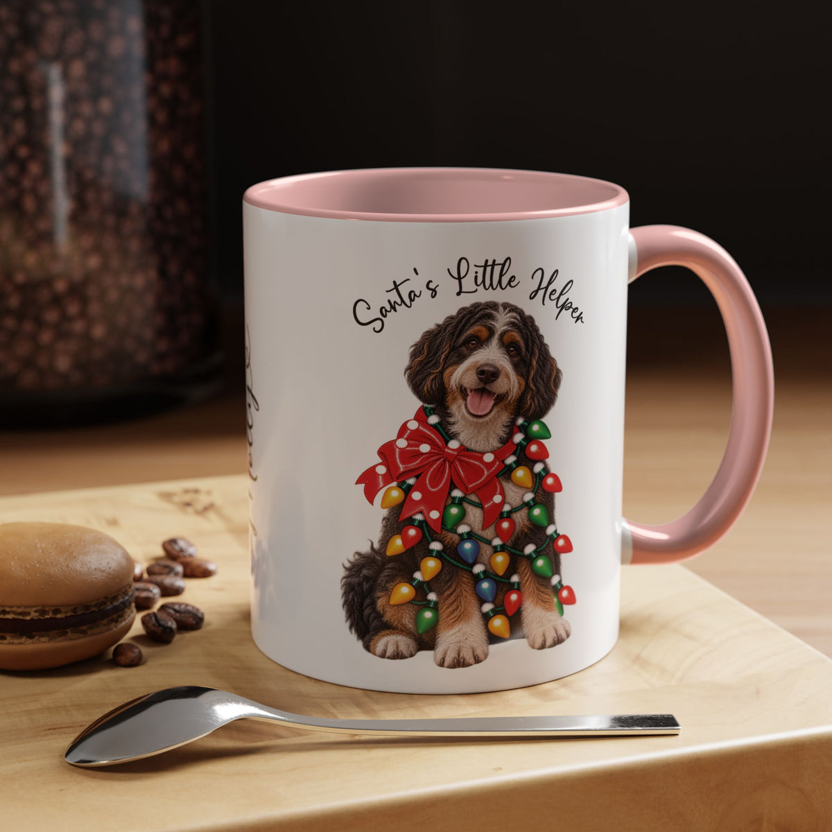 Bernadoodle Santa's little helper, personalised accent colour 11oz mug