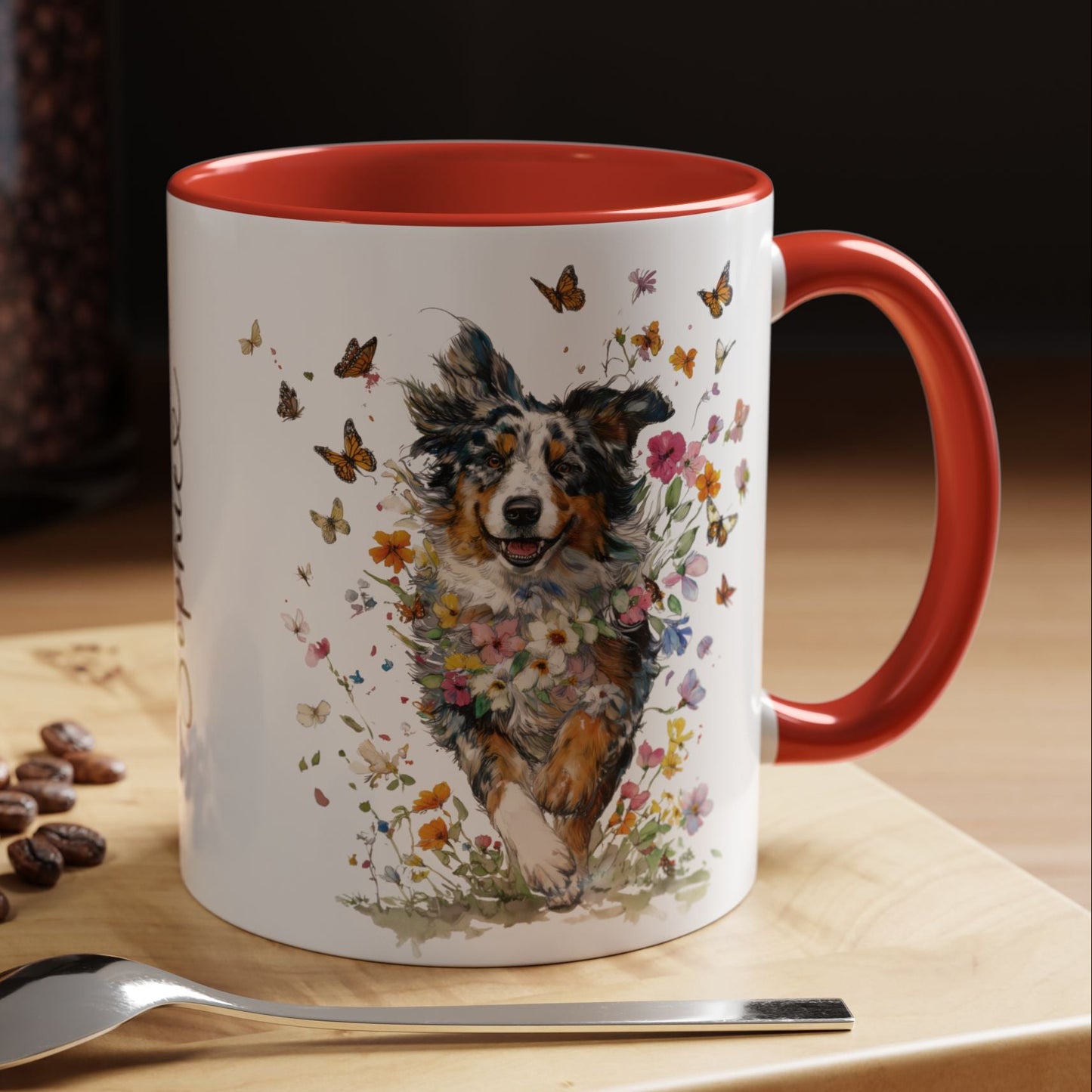Australian Shepherd running Personalized Accent Mugs, 11oz