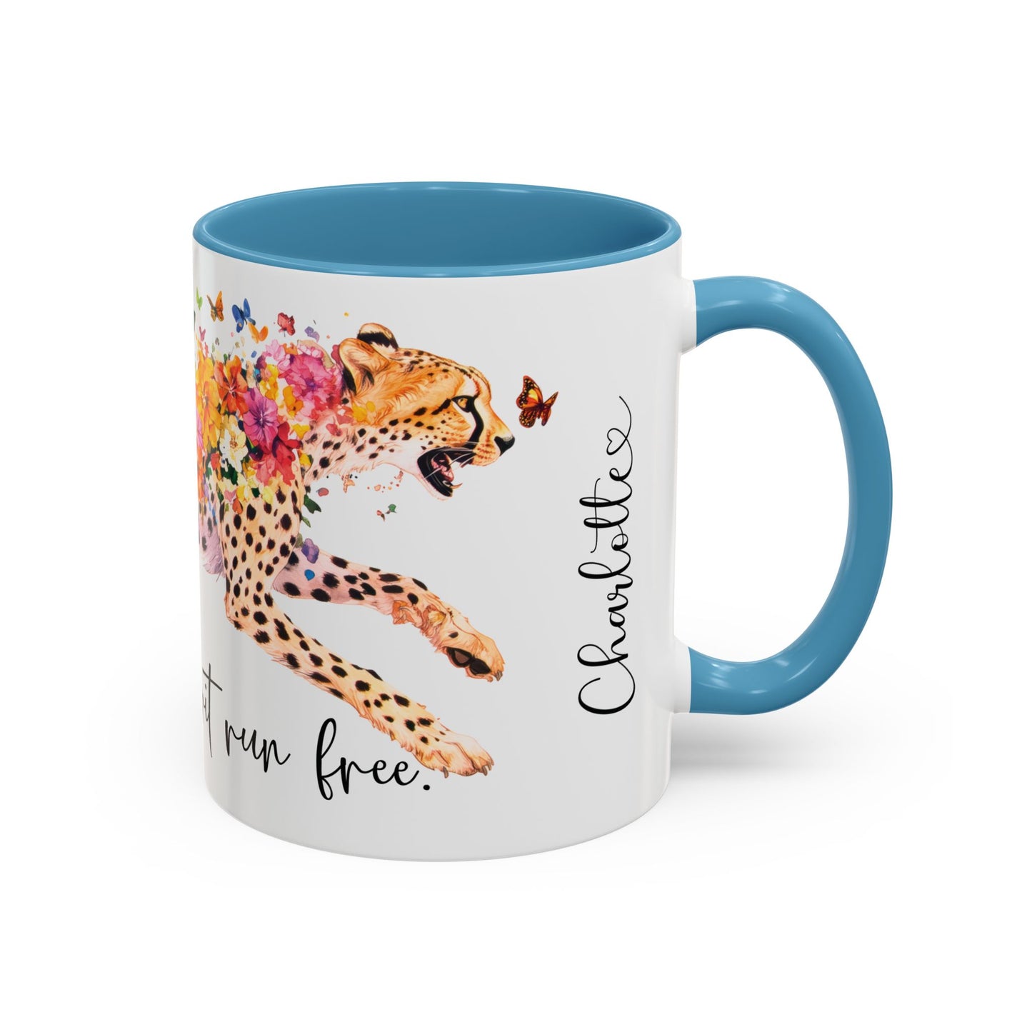 Cheetah "Let your spirit run free" Personalized Accent Mugs, 11oz