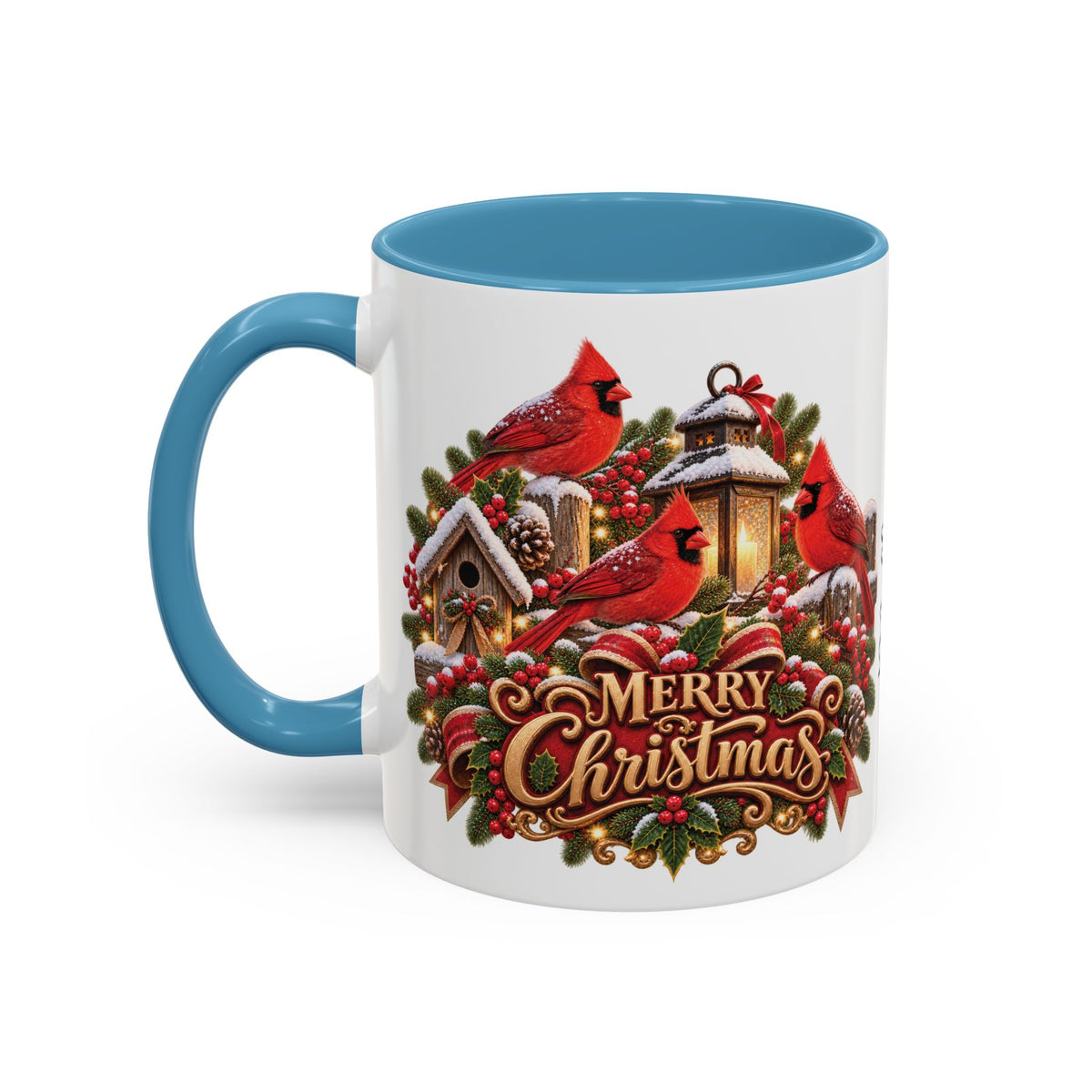 Cardinal Birds Merry Christmas, personalised accent colour 11oz mug
