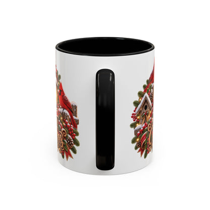 Cardinal Birds Merry Christmas, personalised accent colour 11oz mug