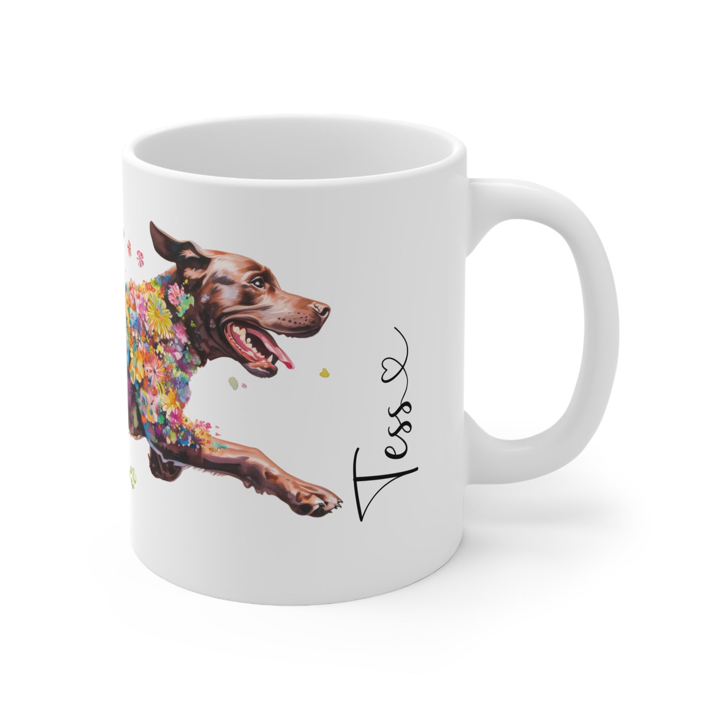 Chocolate Labrador running personalized white Mug, 11oz