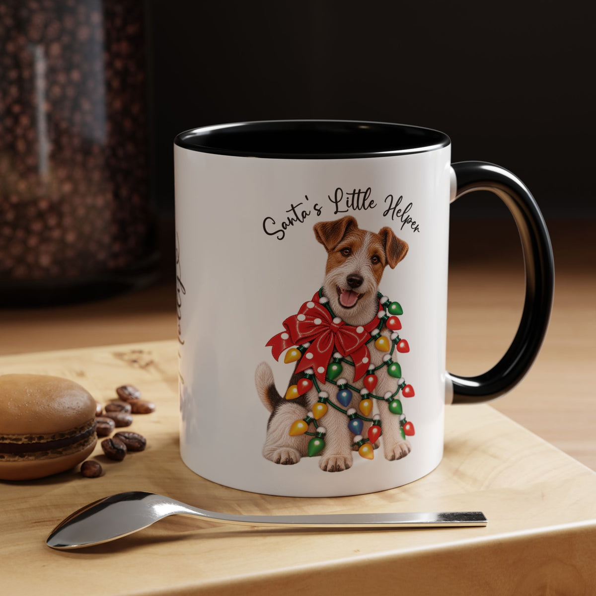 Fox Terrier, Santa's little helper, personalised accent colour 11oz mug