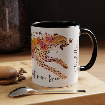 Cheetah "Let your spirit run free" Personalized Accent Mugs, 11oz