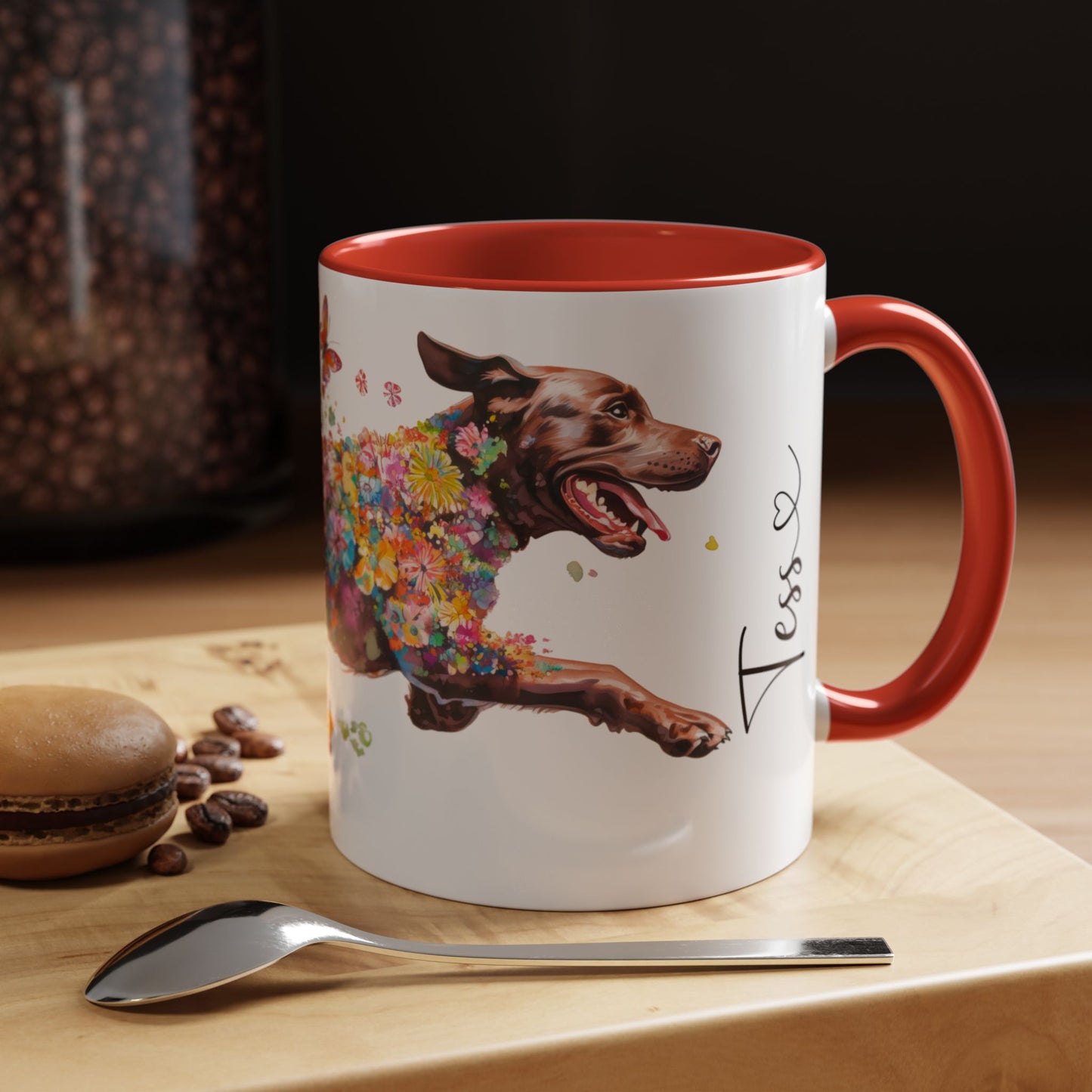 Chocolate Labrador running personalized colourful Mugs, 11oz