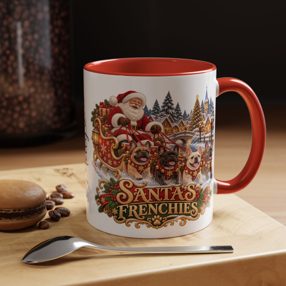 Santa's Frenchies, personalised accent colour 11oz mug