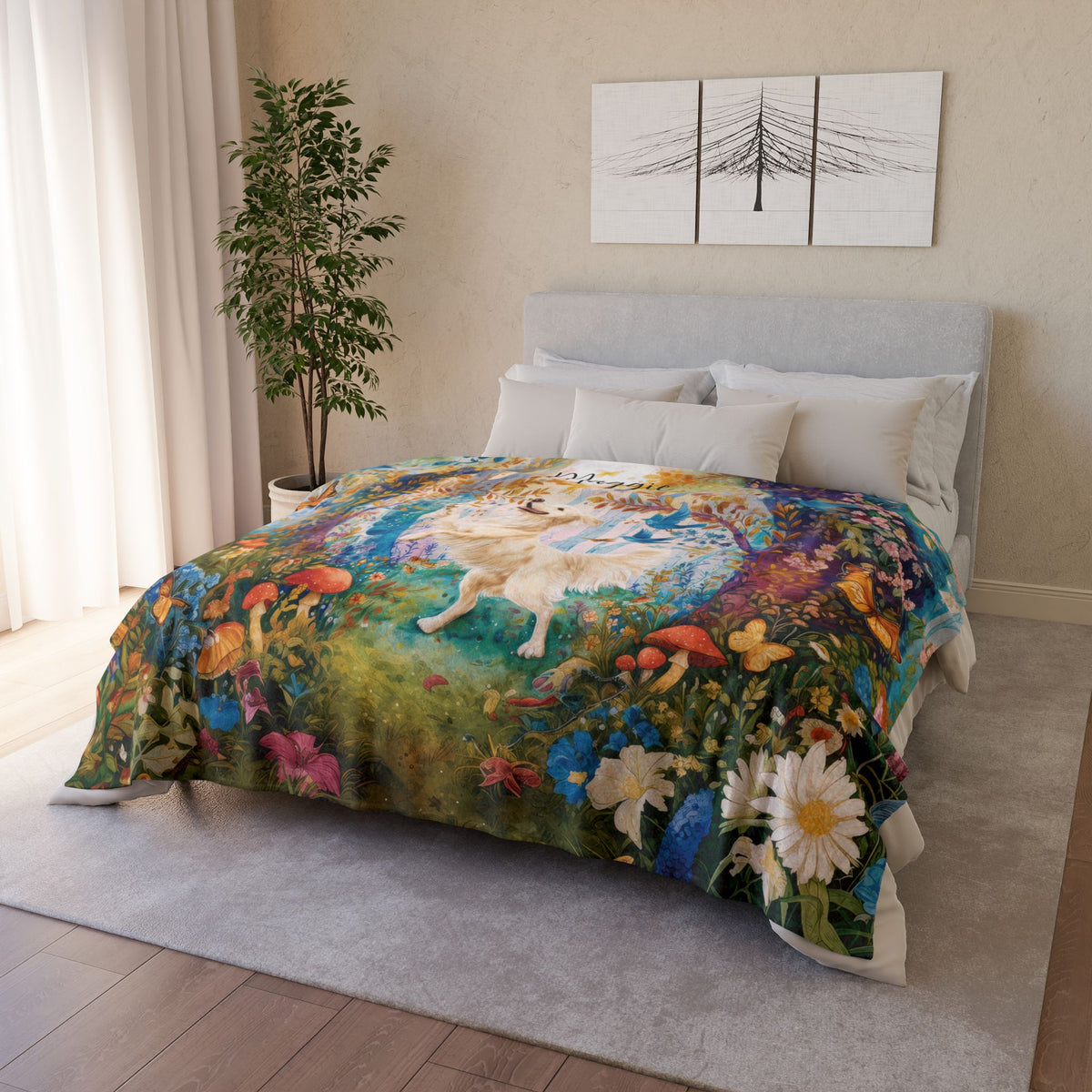 Cream Golden Retriever Dancing Mystical Forest, Personalised Blanket