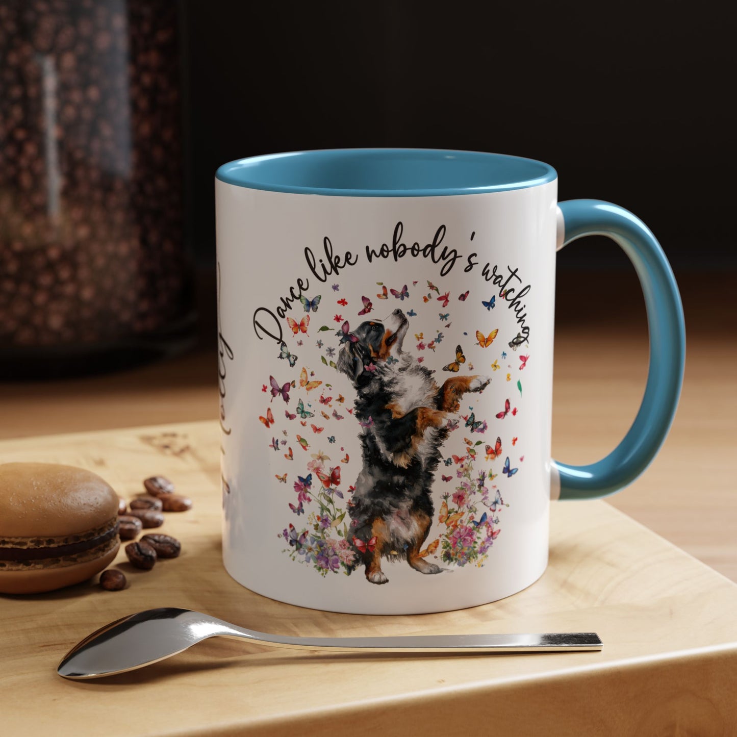 Bernese Mountain Dog "Dance like nobody's watching" personalized colourful Mugs, 11oz