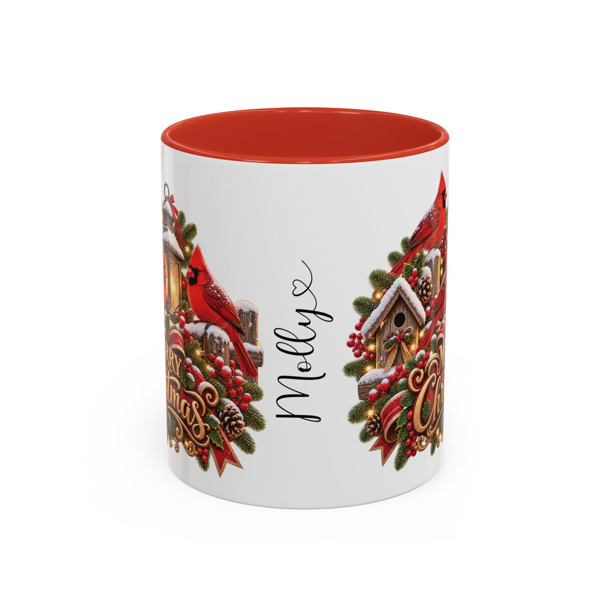 Cardinal Birds Merry Christmas, personalised accent colour 11oz mug