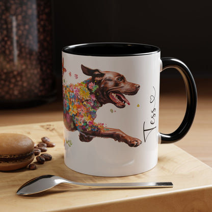 Chocolate Labrador running personalized colourful Mugs, 11oz