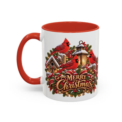 Cardinal Birds Merry Christmas, personalised accent colour 11oz mug