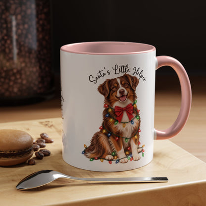 Australian Shepherd, Santa's little helper, personalised accent colour 11oz mug