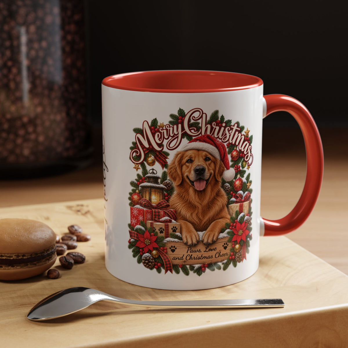 Golden Retriever Merry Christmas, personalised accent colour 11oz mug