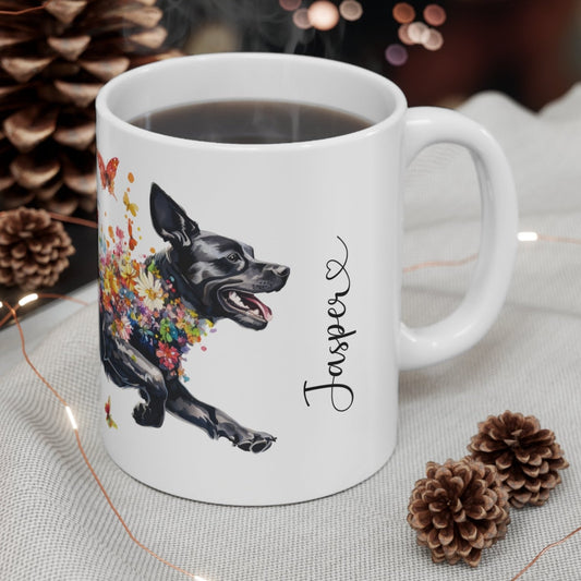 Black Labrador running personalized white Mug, 11oz