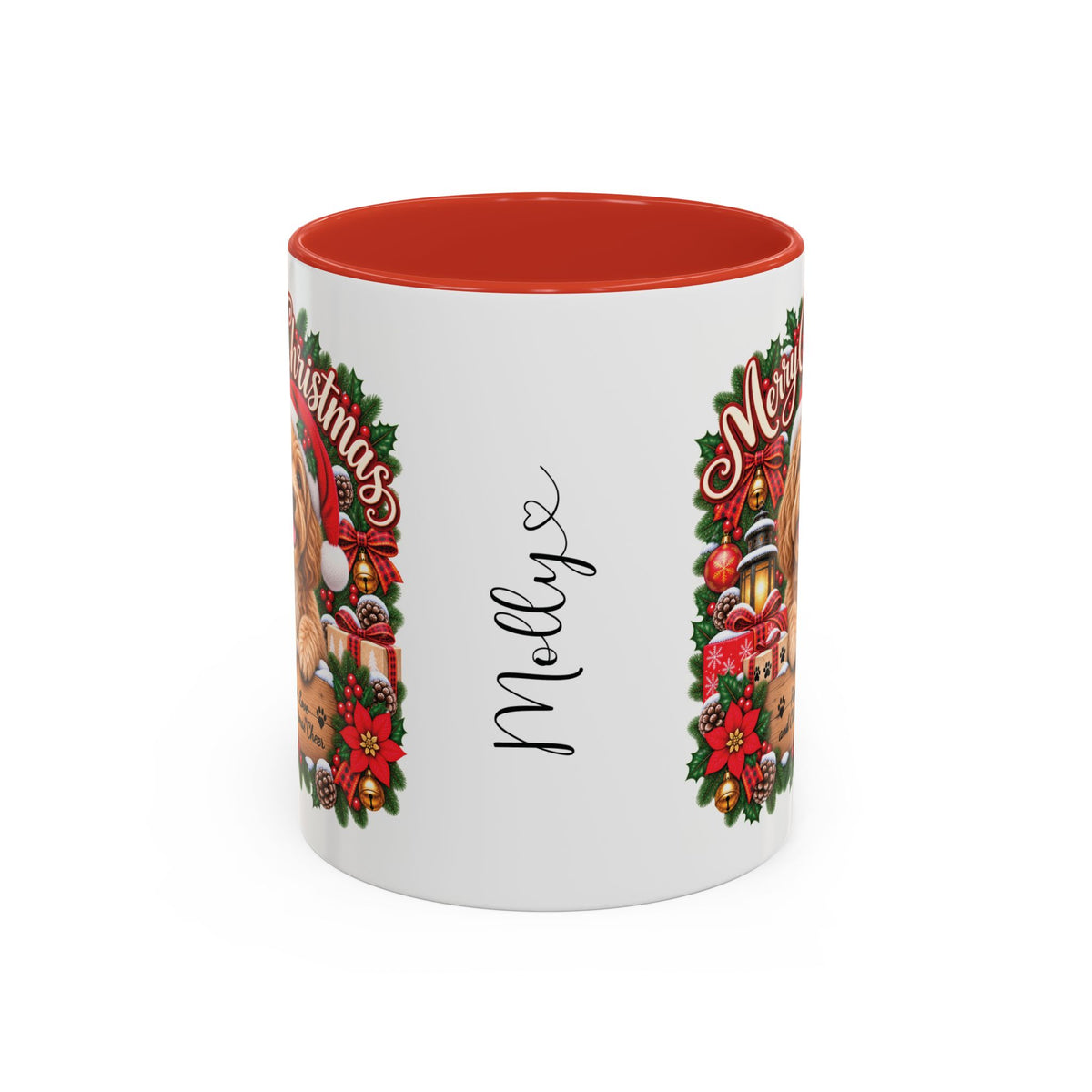 Golden Doodle Merry Christmas, personalised accent colour 11oz mug