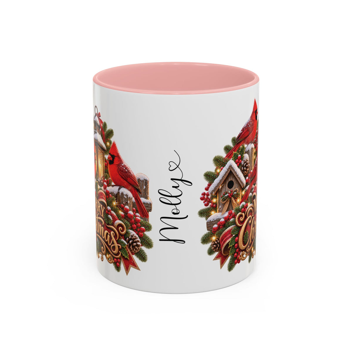Cardinal Birds Merry Christmas, personalised accent colour 11oz mug