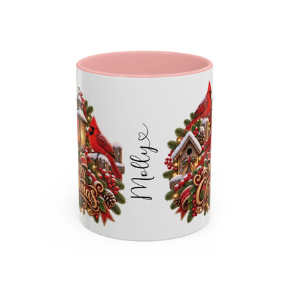 Cardinal Birds Merry Christmas, personalised accent colour 11oz mug