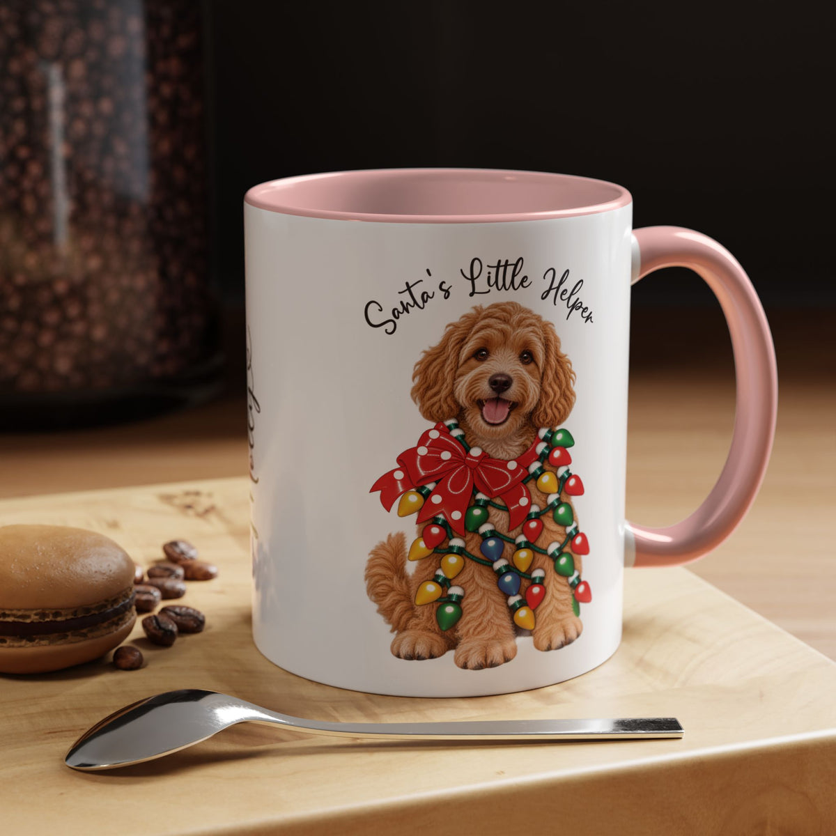 Labradoodle #1, Santa's little helper, personalised accent colour 11oz mug